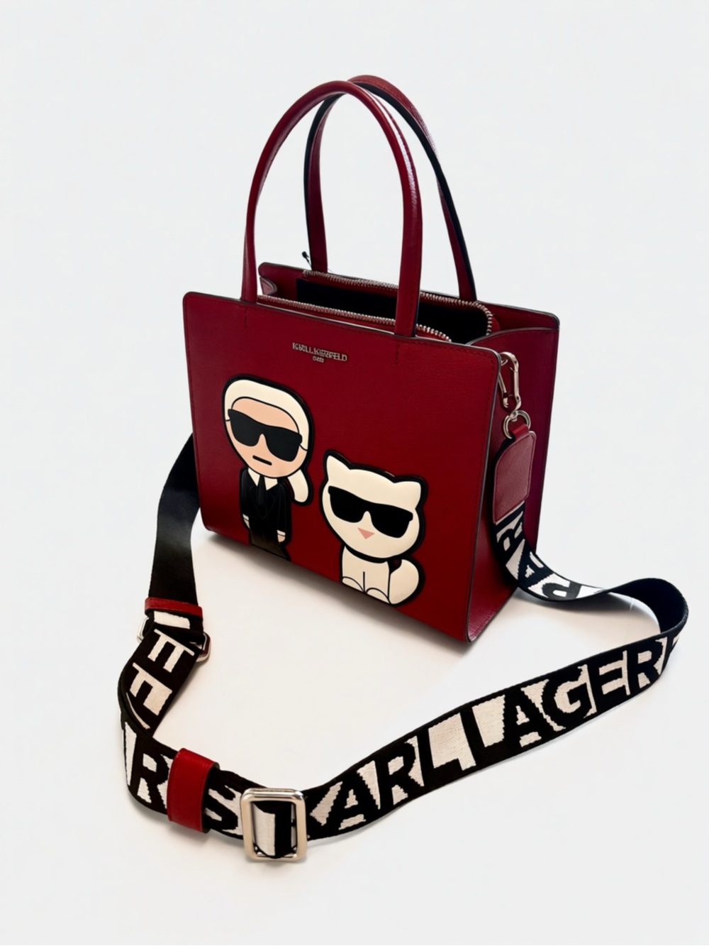 😻 Karl Lagerfeld Red Leather Satchel with Logo Jacquard Strap 😻
